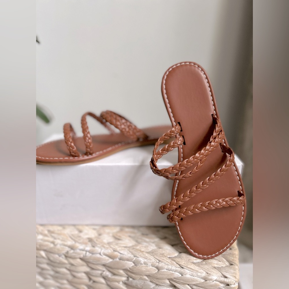 Faux Leather Braided Flat Slides